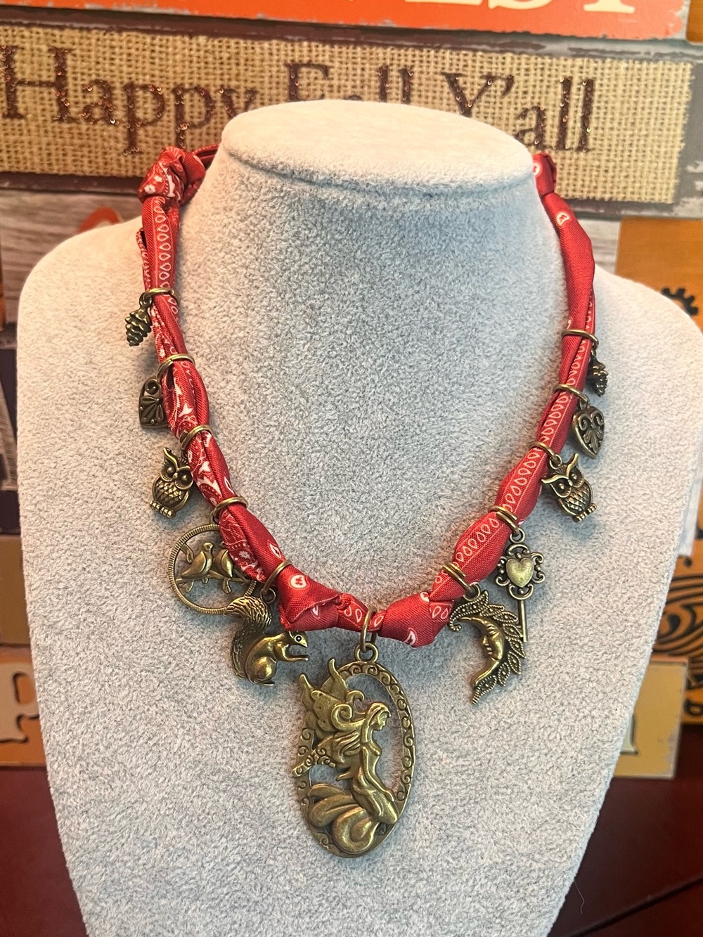 Autumn Bandana Charm Necklace with Brass Angel Pendant, Matching Eclectic Charms